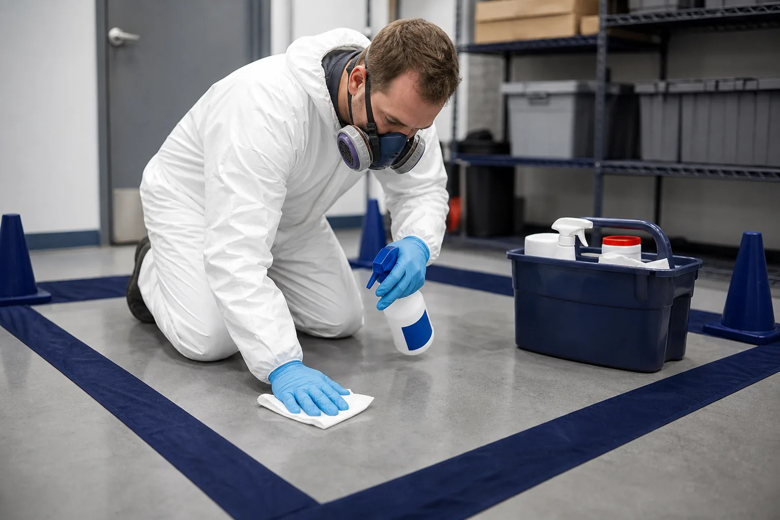 Illustrative technician disinfecting a controlled section of hard flooring with protective equipment