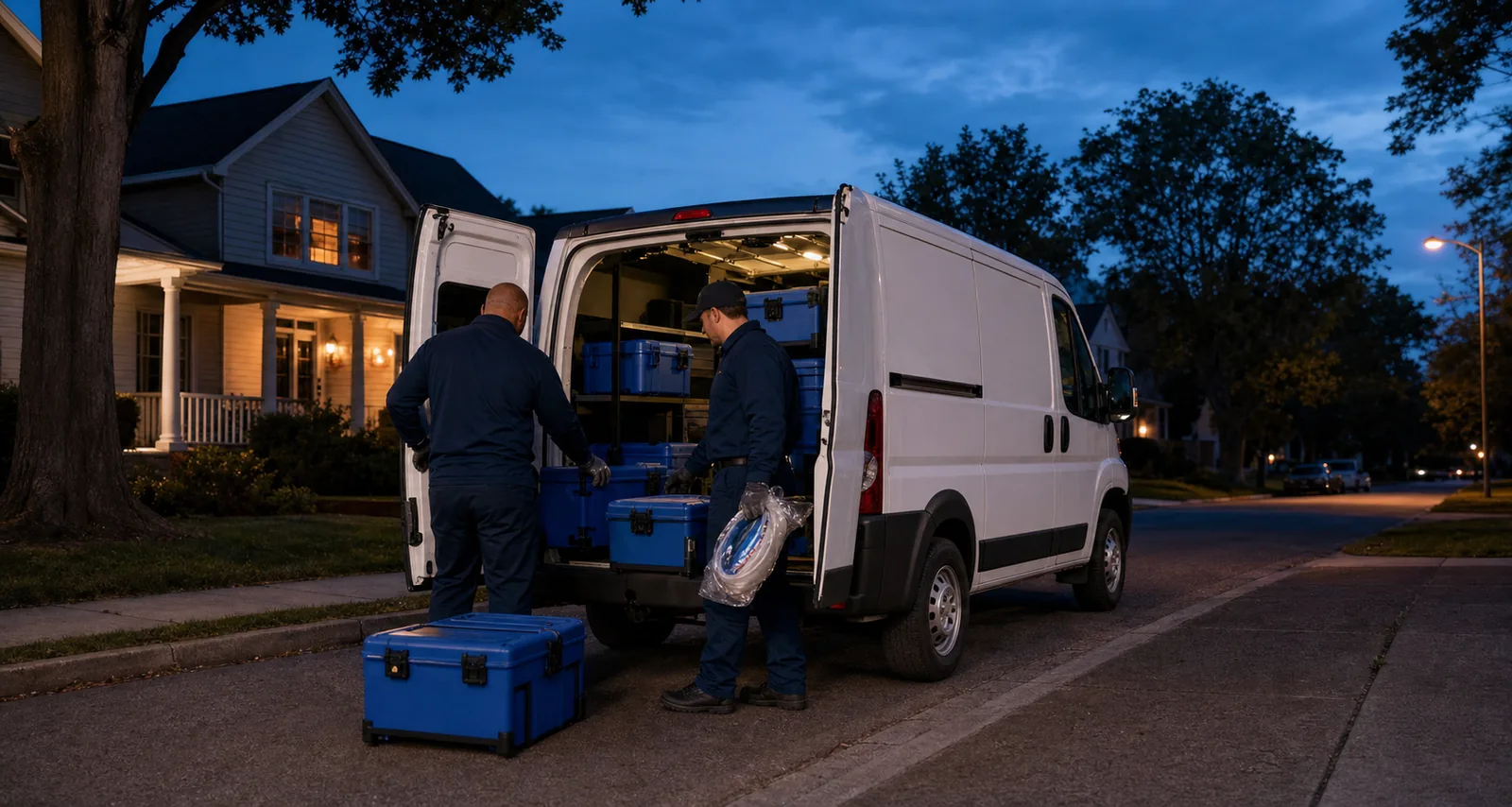 Illustrative discreet cleanup team unloading sealed equipment from an unmarked van at dusk