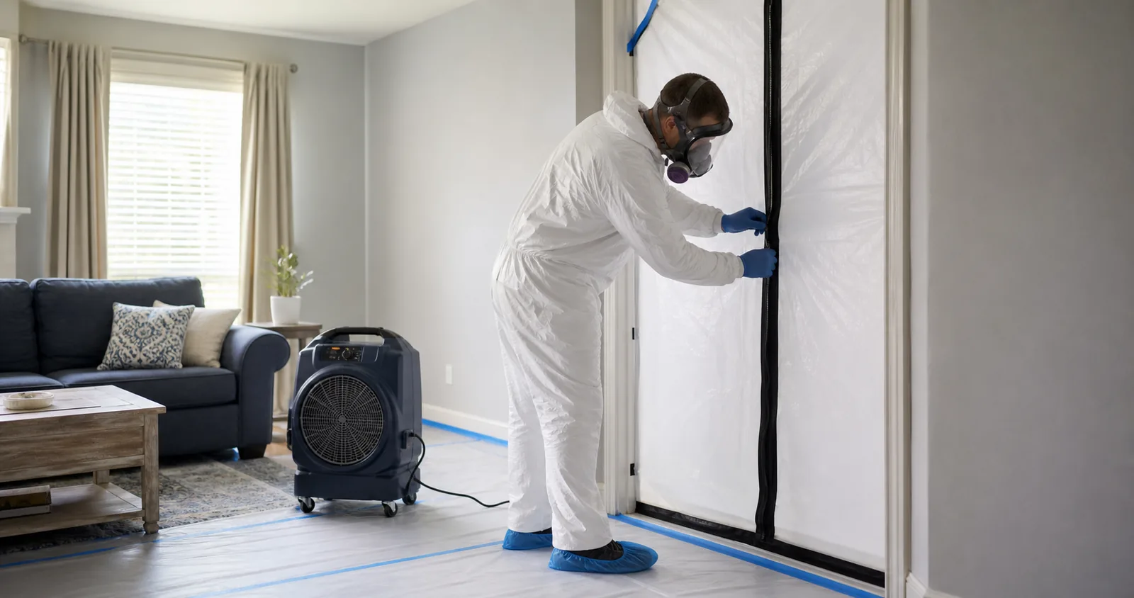 Illustrative biohazard technician closing a containment zipper in a protected Norfolk-area home
