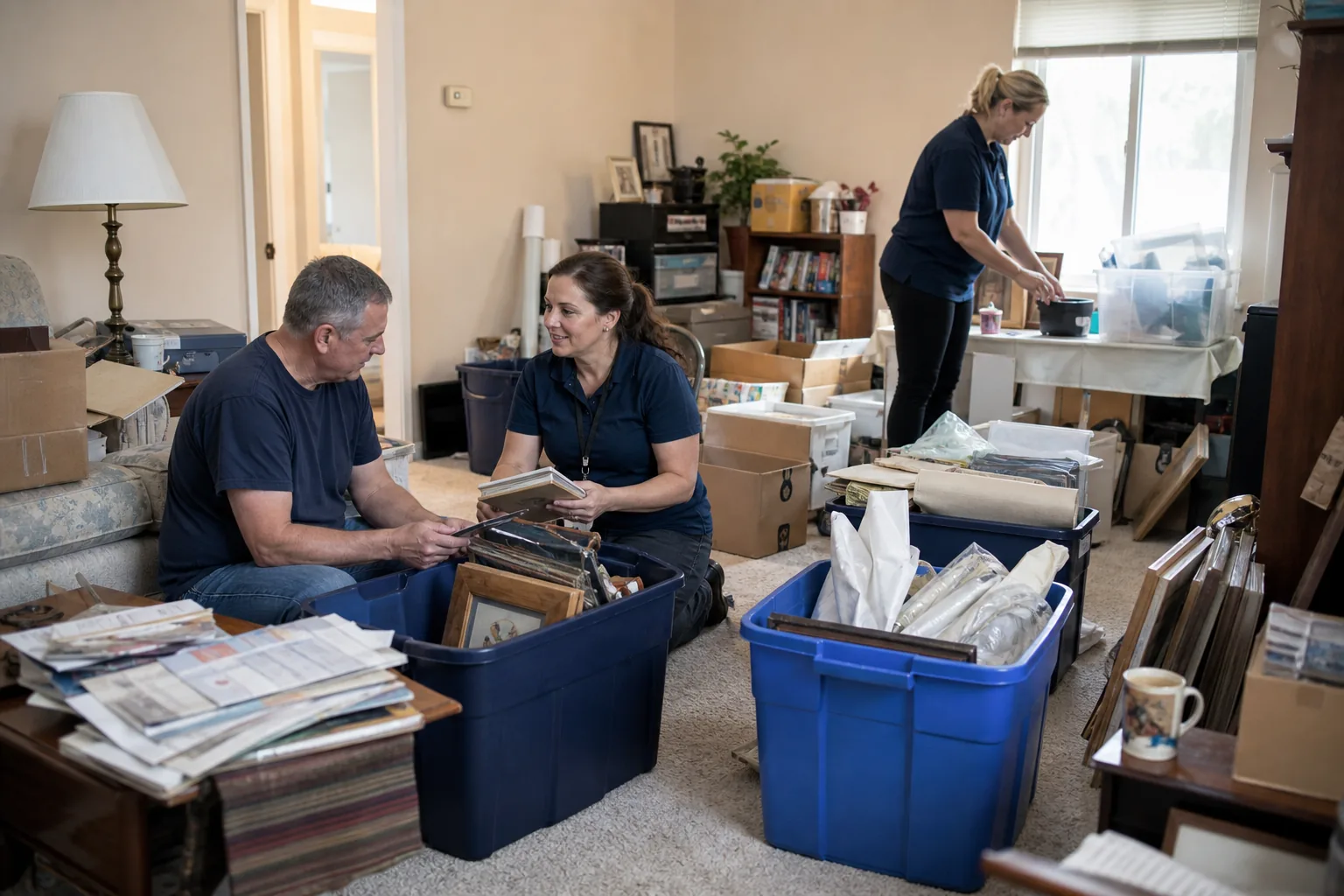 Illustrative resident and cleanup team calmly sorting household belongings into organized bins